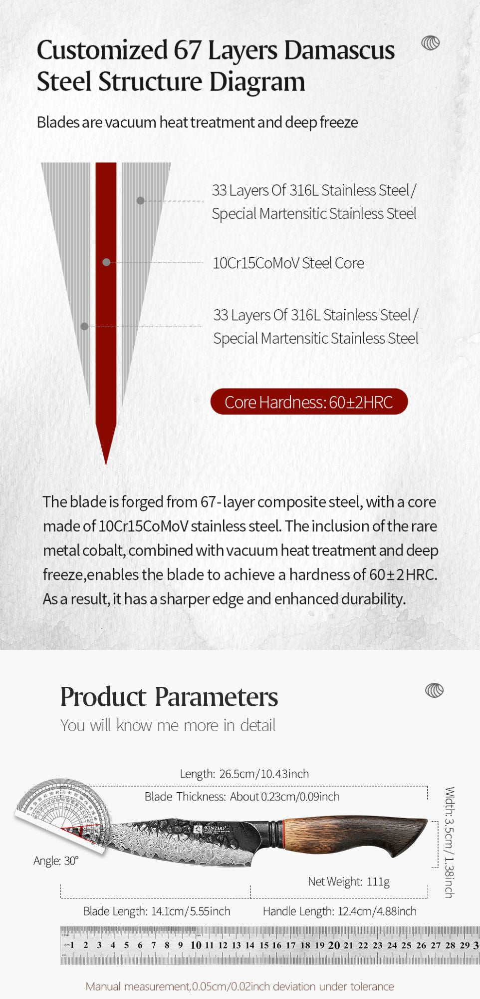 XINZUO 5.5" utility knife, 67 - Layer Damascus Masterpiece, forged with super steel, offers unrivaled sharpness and durability.