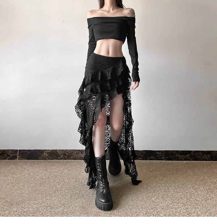 Gothic Skirt 2000s Summer Women's Clothes Gyaru Kpop Streetwear Lace High Waist Casual Aesthetic Long Skrit Femme Hip Hop Skirts