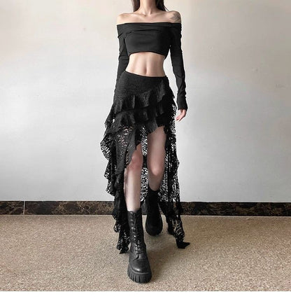 Gothic Skirt 2000s Summer Women's Clothes Gyaru Kpop Streetwear Lace High Waist Casual Aesthetic Long Skrit Femme Hip Hop Skirts