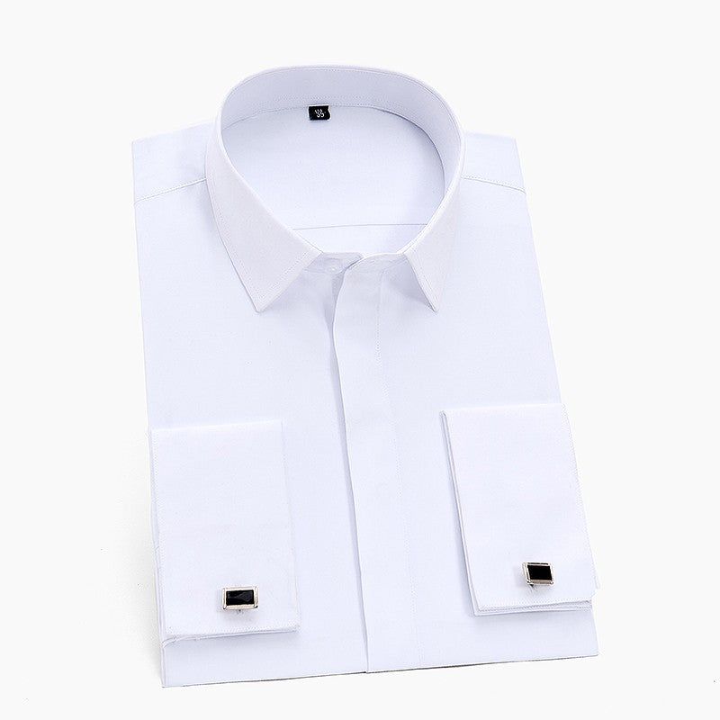 Men's Classic French Cuff Dress Shirt Covered Placket Long Sleeve Tuxedo Male Shirts with Cufflinks No Pocket Office Work White