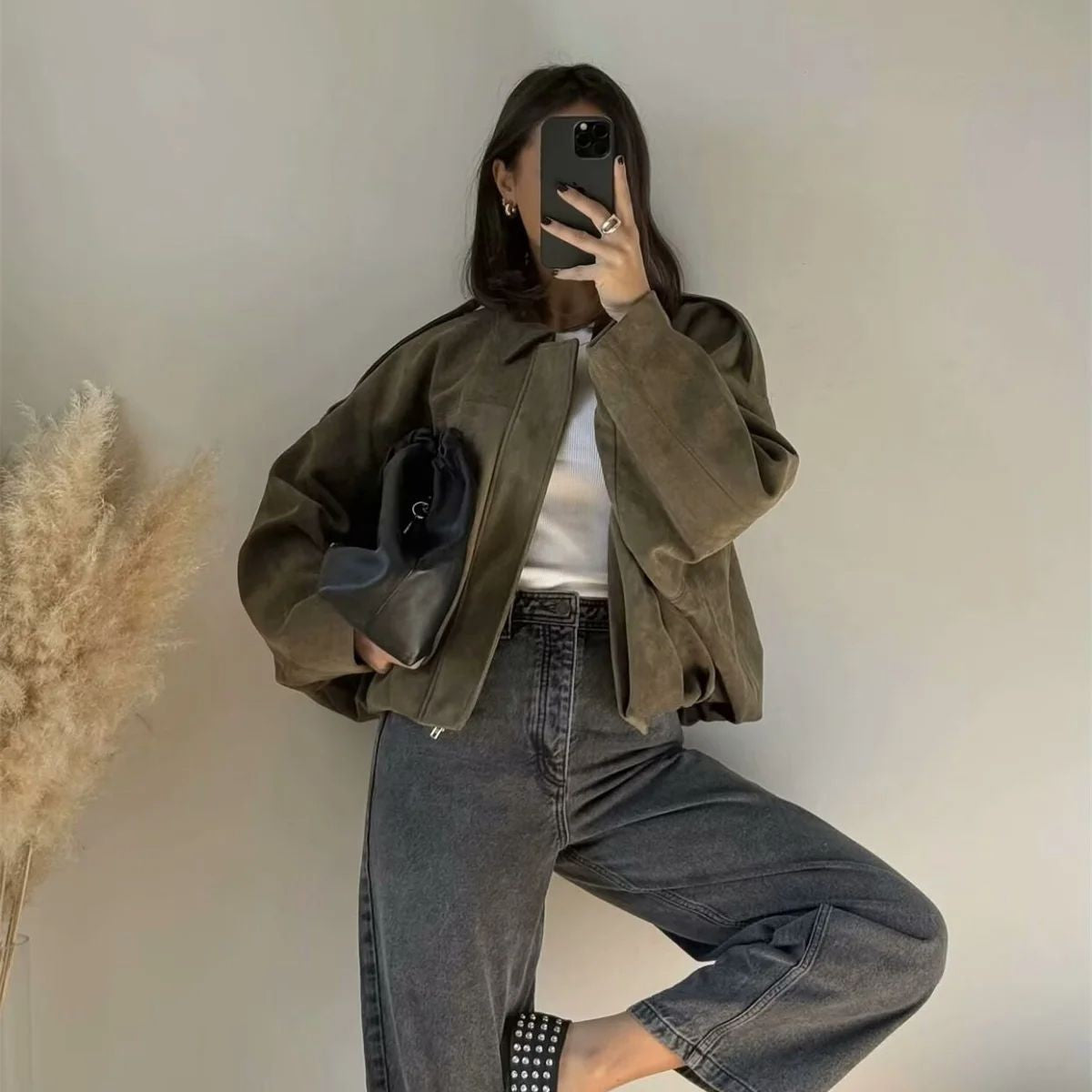 Women Lapel Zipper Solid Jacket Long Sleeve Autumn Winter Fashion Bomber Coat 2025 New In Retro Street Coats Lady Casual Jackets