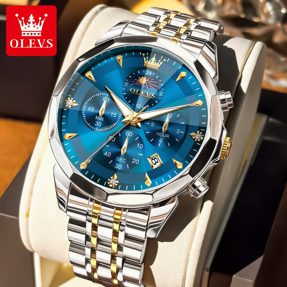 OLEVS Original Fashion Moon Phase Men's Watches Waterproof Chronograph Quartz Watch Stainless steel Calendar Brand Wristwatch