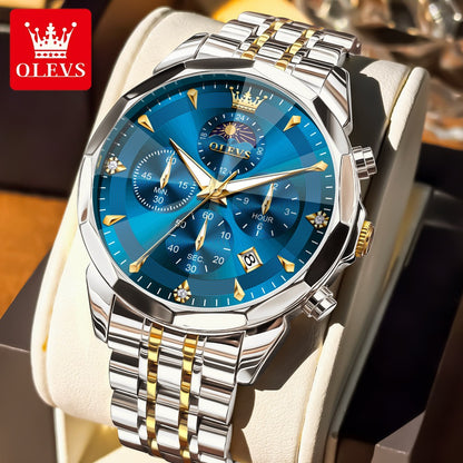 OLEVS Original Fashion Moon Phase Men's Watches Waterproof Chronograph Quartz Watch Stainless steel Calendar Brand Wristwatch