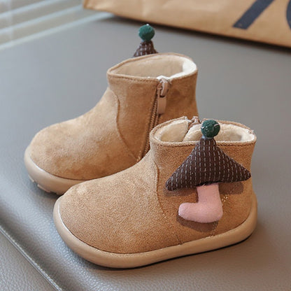 Christmas Children's Snow Boots PU Leather Vintage Girl's Plush Boots Anti-slippery Kid's Warm Padded Boots Cotton Shoes