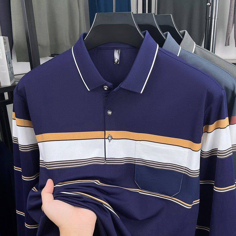 High quality stripe men's long sleeve polo shirt fashion luxury pocket middle-aged business casual color blocked comfort T-shirt