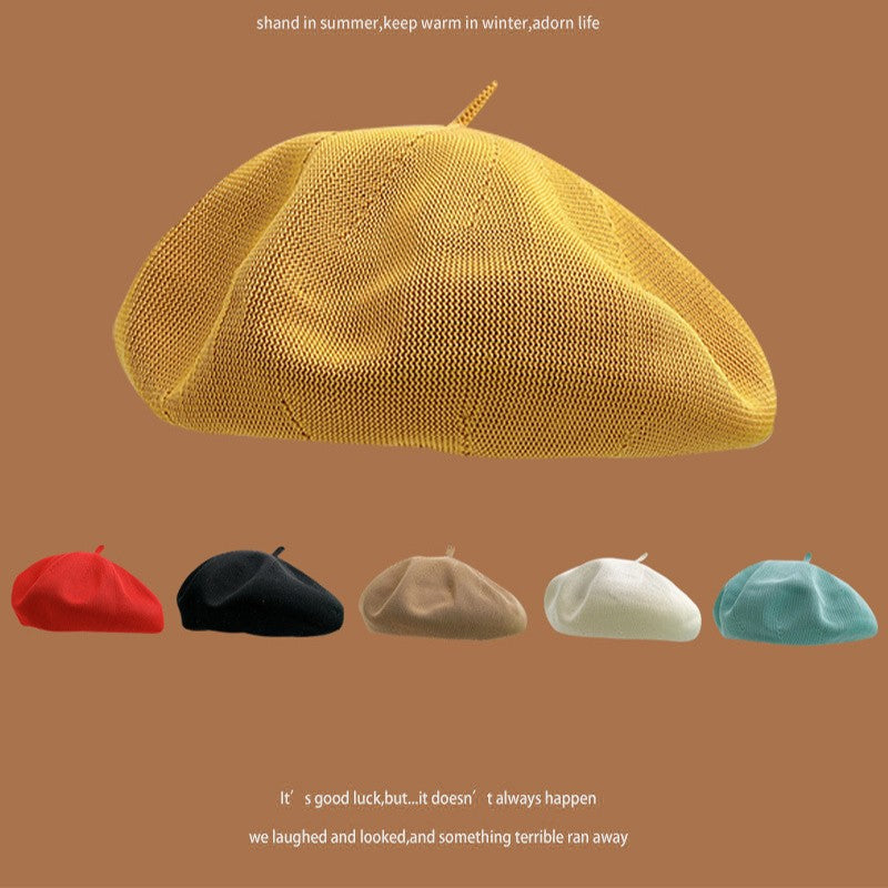 Women's Summer Beret Hat Cotton Breathable Knit Slouchy Beanie Solid Color French Retro Fashion Cap for Women Casual Outfit
