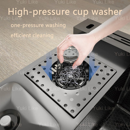 Stainless Steel Waterfall Kitchen Sink Digital Display Extra Large Single Bowl Multifunctional Household Vegetable Washing Sink