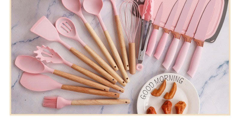 Conjunto de utensílios de cozinha de silicone, 19 peças com cabo de madeira, espátula, panela antiaderente e balde de armazenamento de facas multiuso integrado