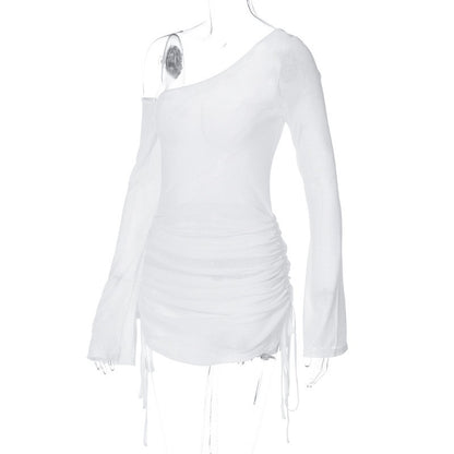ALLNeon Fairycore White Perspective Oblique Shoulder Long Sleeve Mini Dress Hots