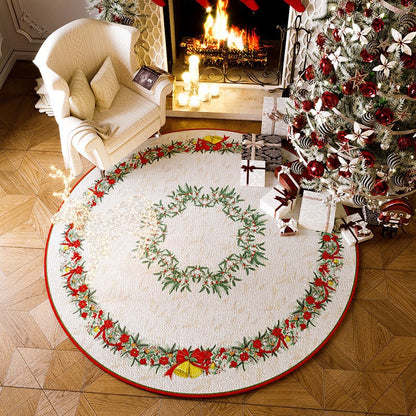 VIKAMA Christmas Round Crystal Velvet Carpet, Living Room Sofa Mat, Non-slip Bedroom Bedside Rug, Holiday Home Decoration