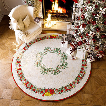VIKAMA Christmas Round Crystal Velvet Carpet, Living Room Sofa Mat, Non-slip Bedroom Bedside Rug, Holiday Home Decoration