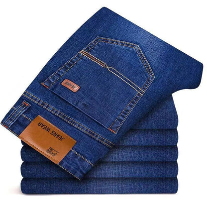2025 Primavera Outono Novas Calças Jeans Masculinas Casuais Retas Elásticas Moda Clássica Azul Preta Calças Jeans de Trabalho Marca de Roupas Masculinas