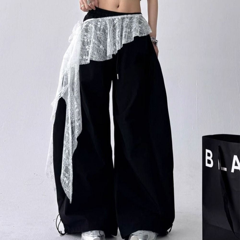 Jeans Pants Decor Embroidered Flower Lace Mini Skirt Irregular See Through Ruched Skirts High Waist Harajuku Pleated Skirts