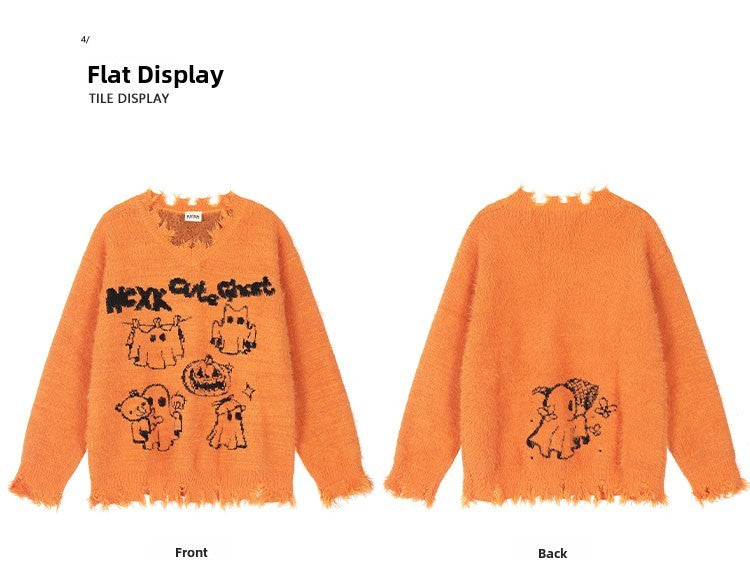 KKyesiou Dopane Orange Knitted Sweater loween Design Men Women Retro American Sle Couple's Long Sve Casual Loose Fit