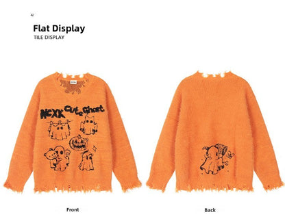 KKyesiou Dopane Orange Knitted Sweater loween Design Men Women Retro American Sle Couple's Long Sve Casual Loose Fit