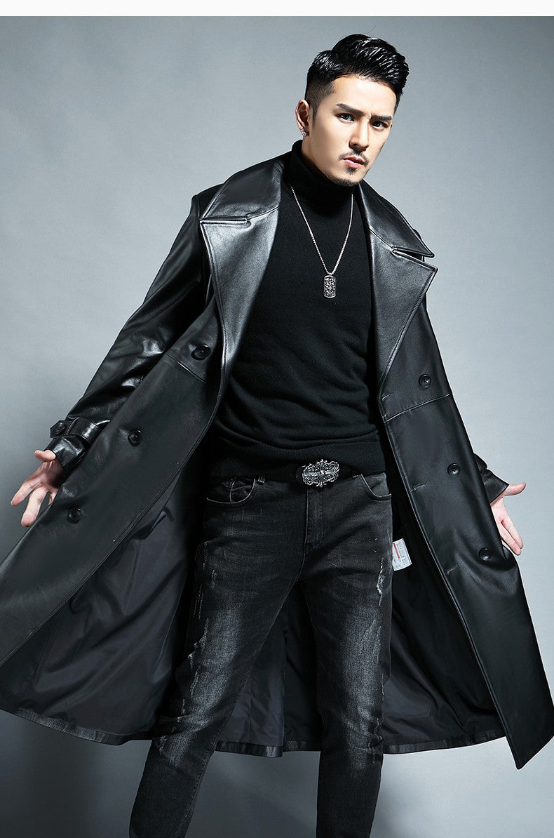 Mauroicardi Spring Autumn Long Cool Waterproof Black Pu Leather Trench Coat Men Double Breasted Plus Size Outerwear 4xl 5xl 2022