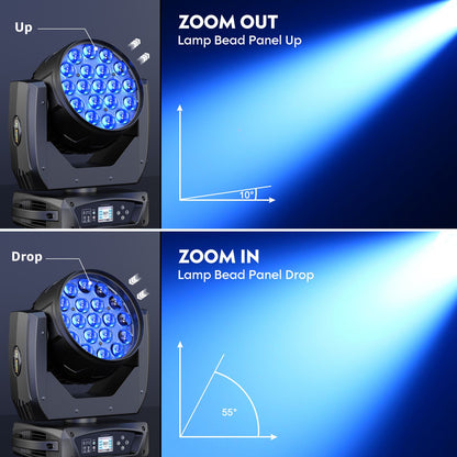 2PCS 19x15W RGBW LED Moving Head Light Beam Focusing Lights Stage Effect Lighting Projector for Disco Party Concert Theater Club