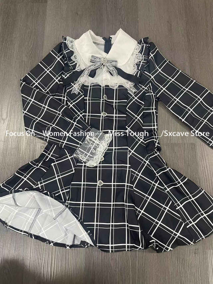 Harajuku Sweet Bow Black Plaid Dresses All-match Slim Fit Kawaii Lolita Dress fo