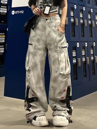 Women's White Zipper Graffiti Work Jeans Y2k 2025 American Retro Design Distressed Subculture High Waist Floor Mopping Trousers