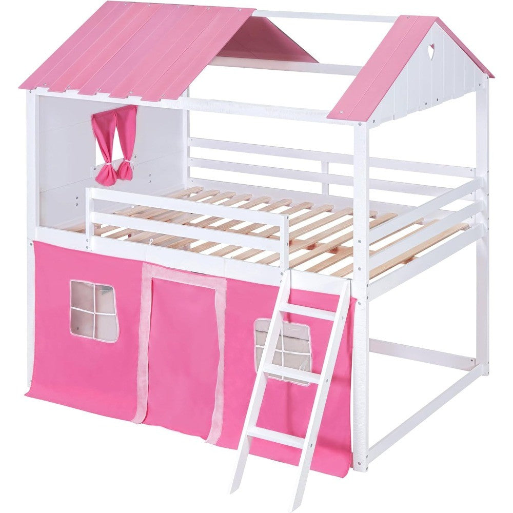 Beliche de Casal com Tenda, Beliche Infantil com Escadas, Guarda-corpo, Janelas e Telhado, Beliche de Madeira de Casal Ov