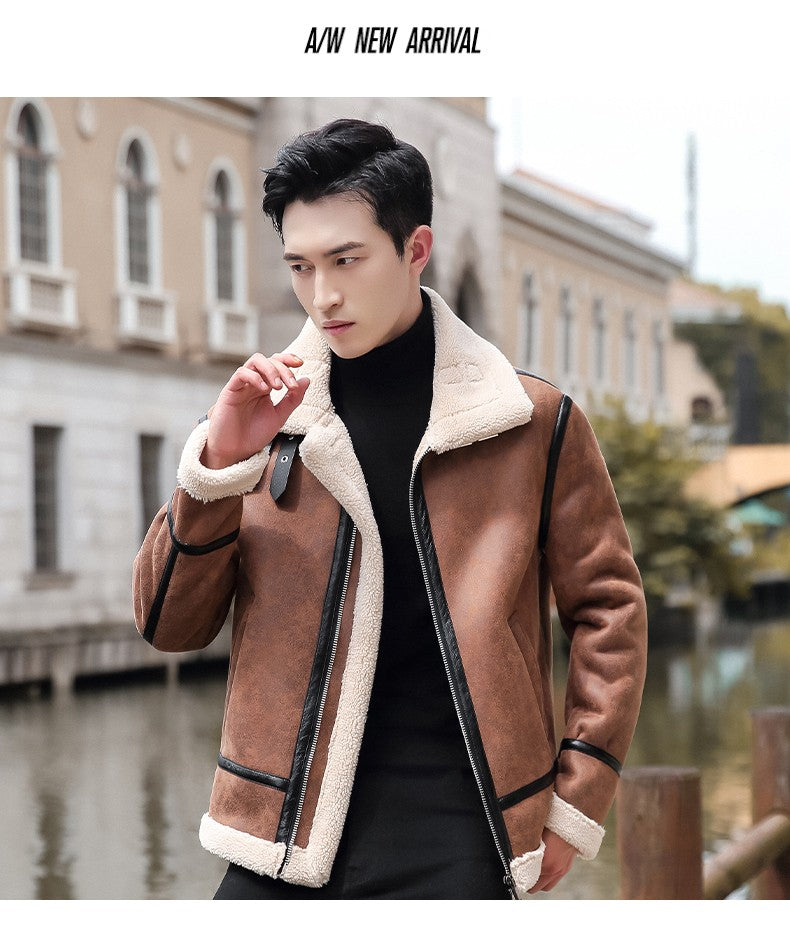 Lamb Cashmere PU Leather Jacket Mens Plus Velvet Men Winter Warm Motorcycle Thickened Leather Coat Man Fleece PU Leather Coats