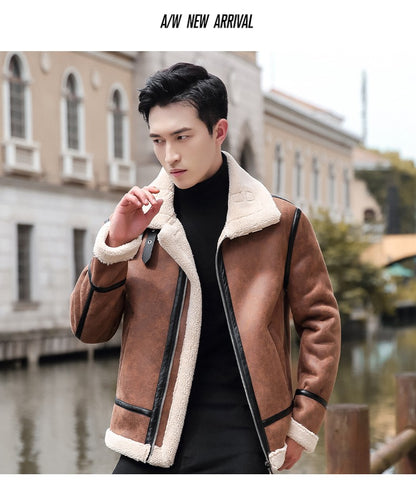 Lamb Cashmere PU Leather Jacket Mens Plus Velvet Men Winter Warm Motorcycle Thickened Leather Coat Man Fleece PU Leather Coats
