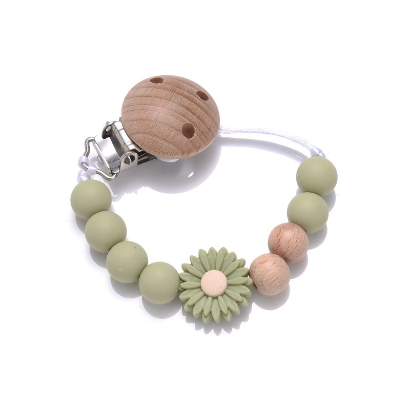 Baby Beech Round Wooden Clips Flowers Silicone Beads Pacifier Chain For Teether Nursing Toys Handmade Dummy Holder BPA Free
