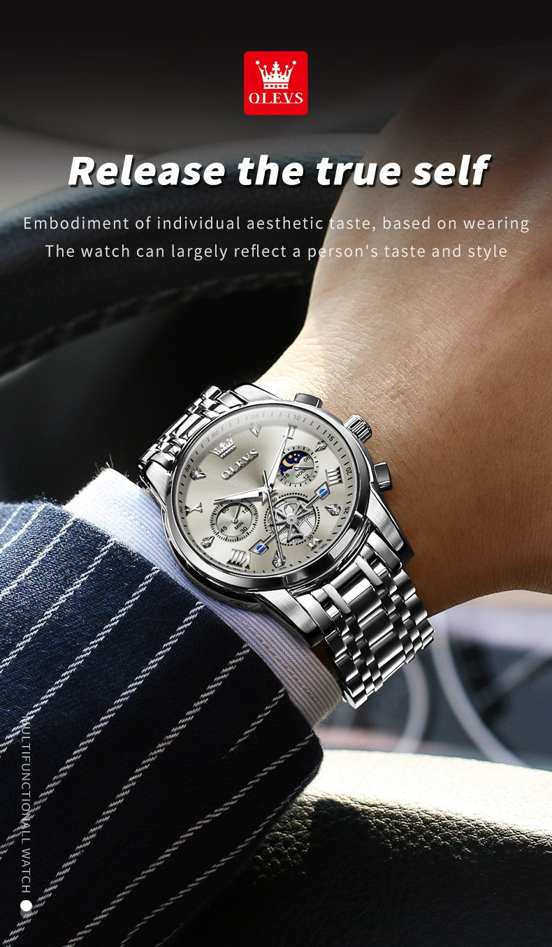 OLEVS Men's Watches Classic Multifunctional Fltwheel Chronograph Original Quartz Wristwatch Moon Phase 24 Hour Waterproof reloj