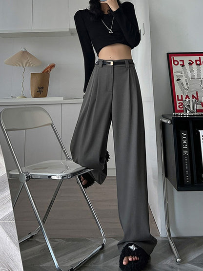 2024 Fall Winter Elegant Gray Suits Pants for Women Office Lady High Waist Wide Leg Fashion Trousers with Pockets Black Pants