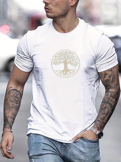 Men's summer 100% pure cotton fashionable casual sports wide pine pattern printed sports round neck short sleeved T-shirt top
