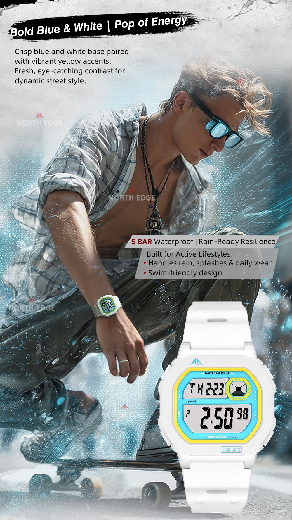 NORTH EDGE X1 Square Screen Digital Watch 2025 Men Women Sportswatch Waterproof 50M Stopwatch Countdown Alarm Clock Reloj Hombre