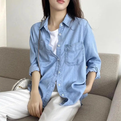 Autumn 2025 New Denim Shirts And Blouse For Women Korean Style Long Sleeve Top Blue Or Sky Blue Color Jeans Elegant Blouses