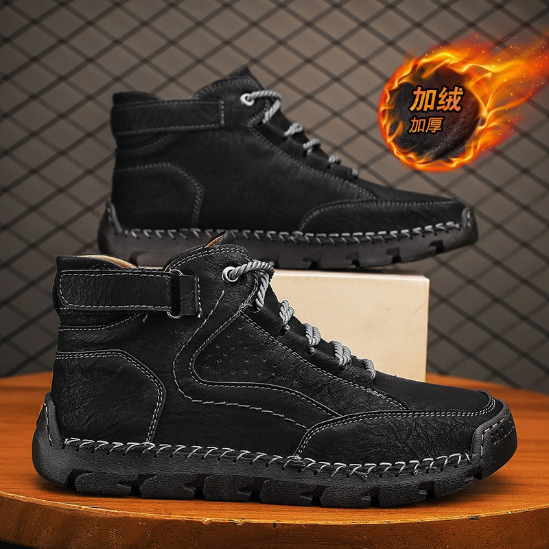 Botas masculinas costuradas à mão, sapatos casuais plus size, botas confortáveis e macias, botas antiderrapantes para uso externo