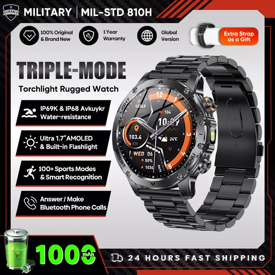 New Outdoor Sports Smart Watch 1.7" HD AMOLDE Screen 1000mAh Battery LED Flashlight IP68 Waterproof BT Call Military Smartwatch