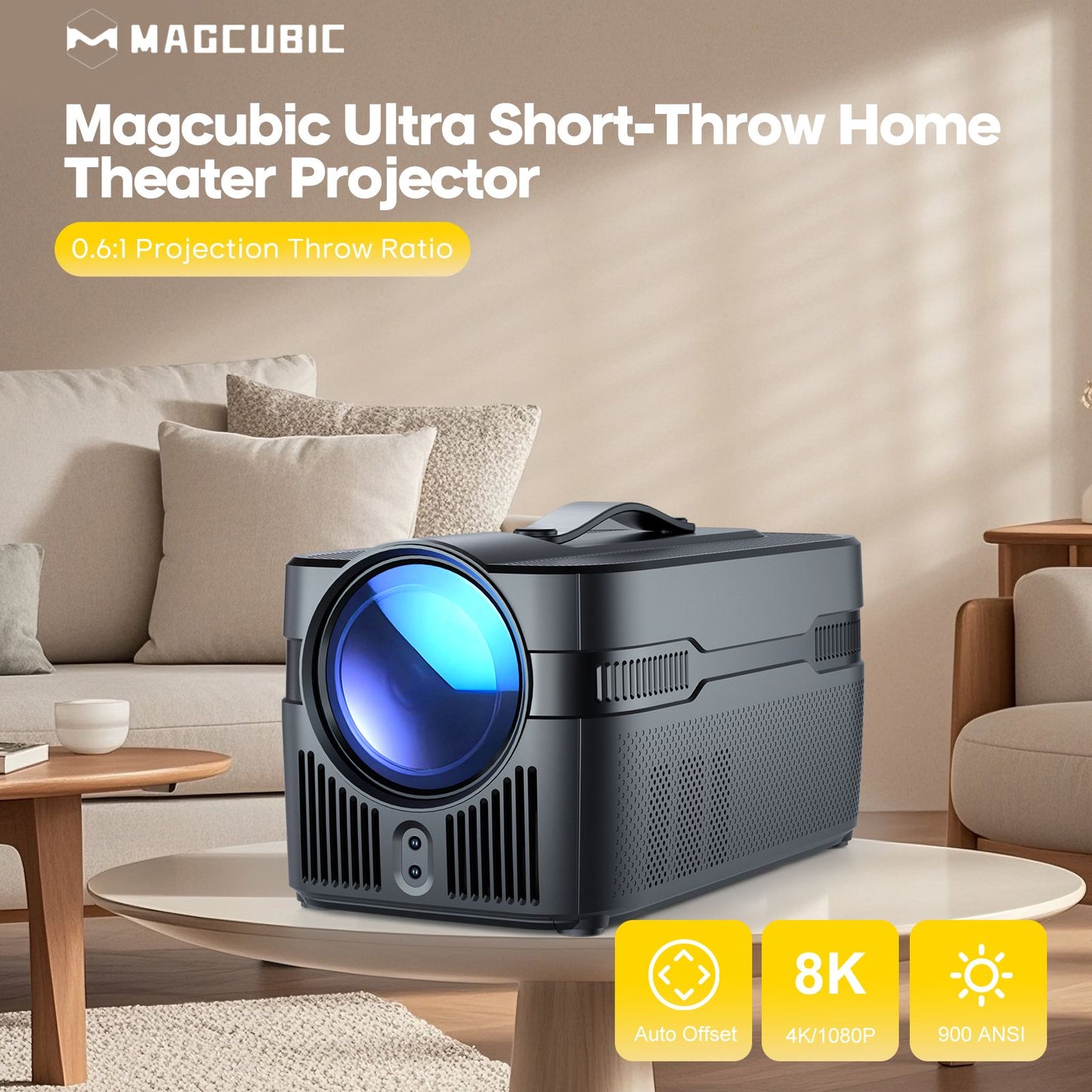 Magcubic Auto Focus HY450C Ultra Short Throw Projector With Auto Offset 1080P 8K HD 900 ANSI WiFi6 BT5.4 Allwinner H716 Voice