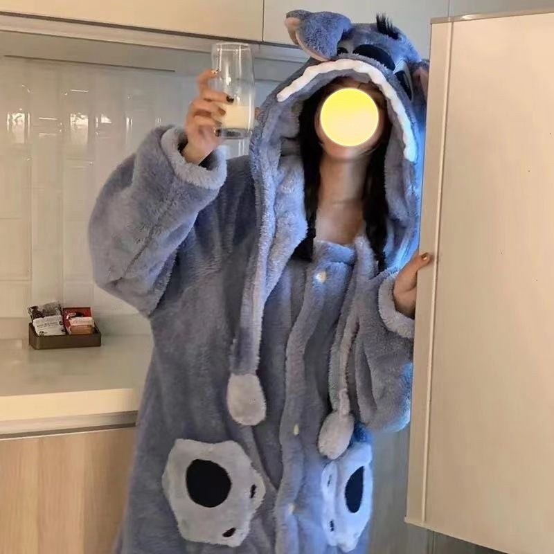 Robe de Dormir Unissex Disney Stitch Forrada de Lã Quente, Roupa de Casa, Robe de Material Macio, Conjunto de Pijama Masculino Feminino, Robe de Lã Coral de Inverno, Brinquedos