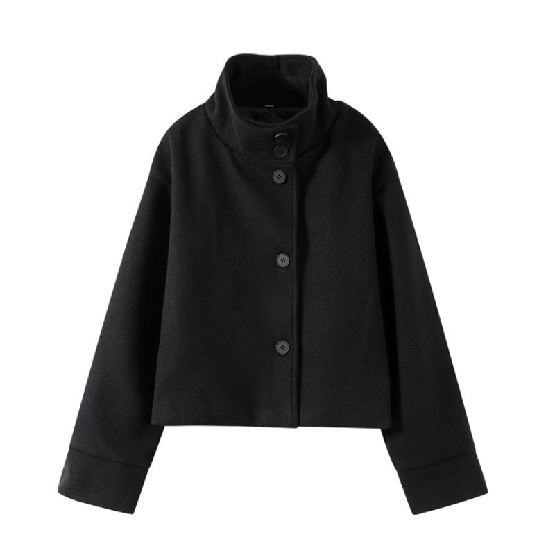 Elegant Stand Collar Woolen Jacket For Women Y2K Single Breasted Button Pockets Coat Lady 2025 Autumn Winter Street Chic Outwear