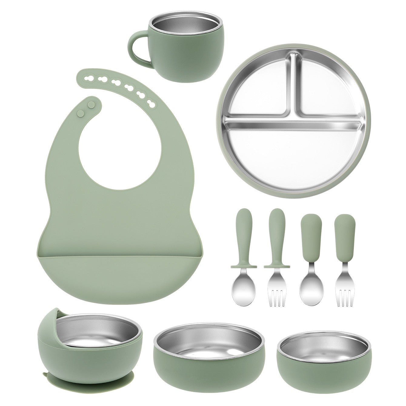 Color Kids 10PCS Infant Feeding Set Stainless Steel Silicone Tableware With Detachable Bowl Plate Bib Weaning Utensils For Baby