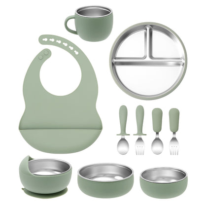 Color Kids 10PCS Infant Feeding Set Stainless Steel Silicone Tableware With Detachable Bowl Plate Bib Weaning Utensils For Baby