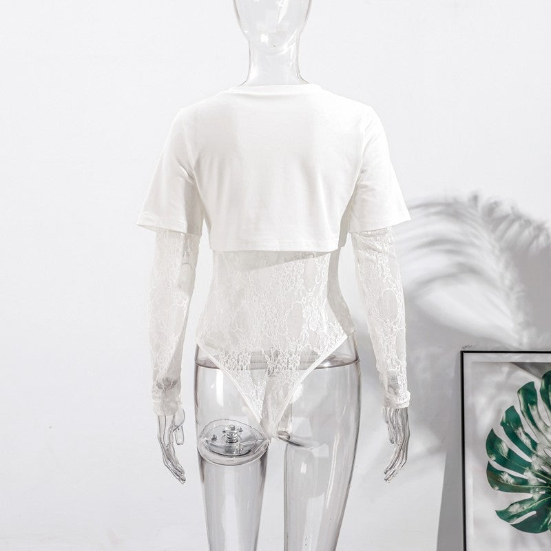 Women Crop Top Sheer Lace Bodysuit Short-Sleeve Layered 2025 Fashion Summer Sexy Outfit Trendy Party Chic Edgy Hot Lady Vestido