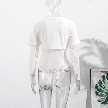 Women Crop Top Sheer Lace Bodysuit Short-Sleeve Layered 2025 Fashion Summer Sexy Outfit Trendy Party Chic Edgy Hot Lady Vestido