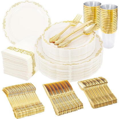 210Pcs Ivory Plastic Plates Disposable Plates Heavy Duty Gold Plastic Dinnerware Set for Party Wedding Event Includes 30 Dinner