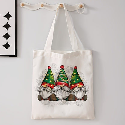 Christmas Gnome and Tree Pattern Tote Bag Casual Shoulder Shopping Bag Reusable Fashion Multi-functional Handbag Holiday Gift