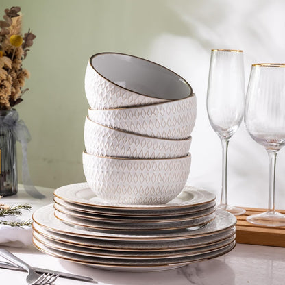 Ceramic Dinnerware Sets,12 pcs Embossed Elegant Stoneware Plates and Bowls Sets, Housewarming Wedding Gift | Dishwasher & Microw
