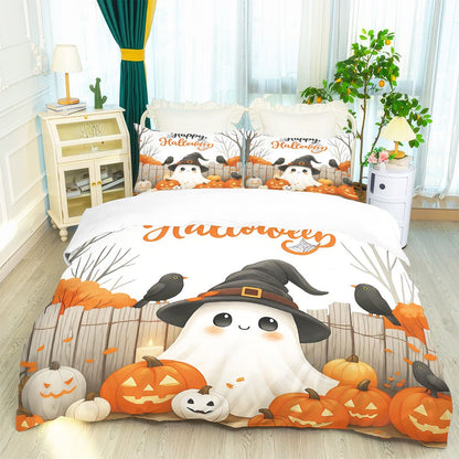 3pcs Halloween Cartoon Ghost Printed Duvet Covers, 1 Down Duvet Cover+2 Pillowcases, Coreless. Soft and Comfortable Bedding Set