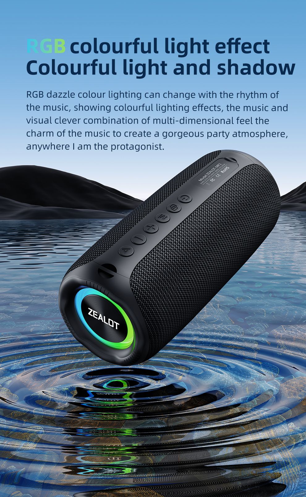 ZEALOT-MP2 Bluetooth Speaker,Ultra Portable, Up to 15H Playtime,IP65 Waterproof and Dustproof,Powerful Sound for outdoor
