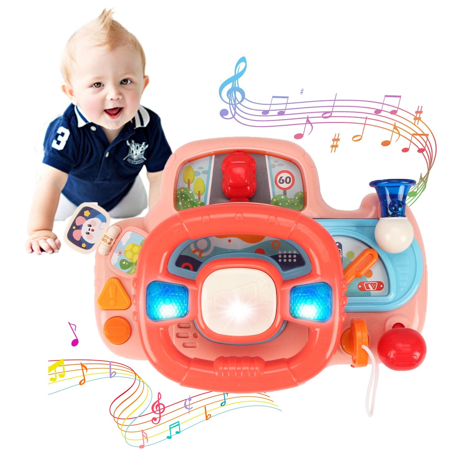 Baby Electric Steering Wheel Simulation Driving Vocal Toys for Car Seats and Stroller Educational Toys for 0-36 Months Toddlers