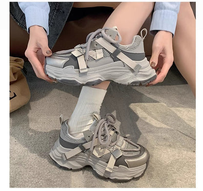 Women's Chunky Sneakers  Breathable Mesh Platform Sports Shoes Woman Fashion Lace Up Thick Sole Casual Shoes Mujer