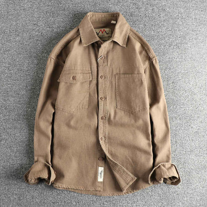 2025 Spring and Autumn New American Retro Woven Twill Cargo Shirt Men's Simple 100% Cotton Washed Double Pocket Causal Blousers