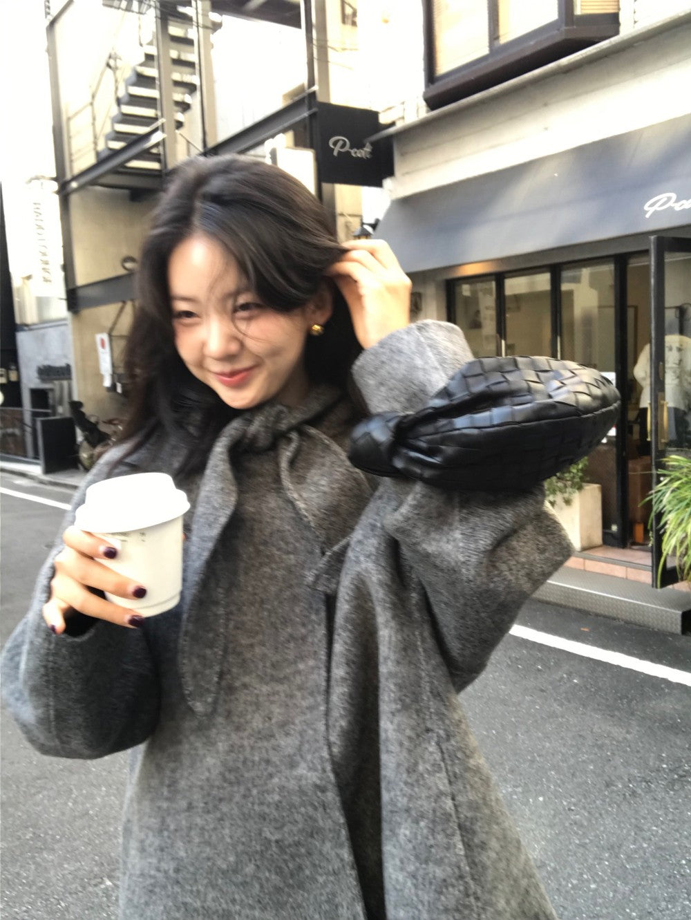 Korean Sle Woolen Coat Women's Chic Temperament Sweet Bow Tie Collar Hooded Warm Woolen Coat Long Sve Mid-Length